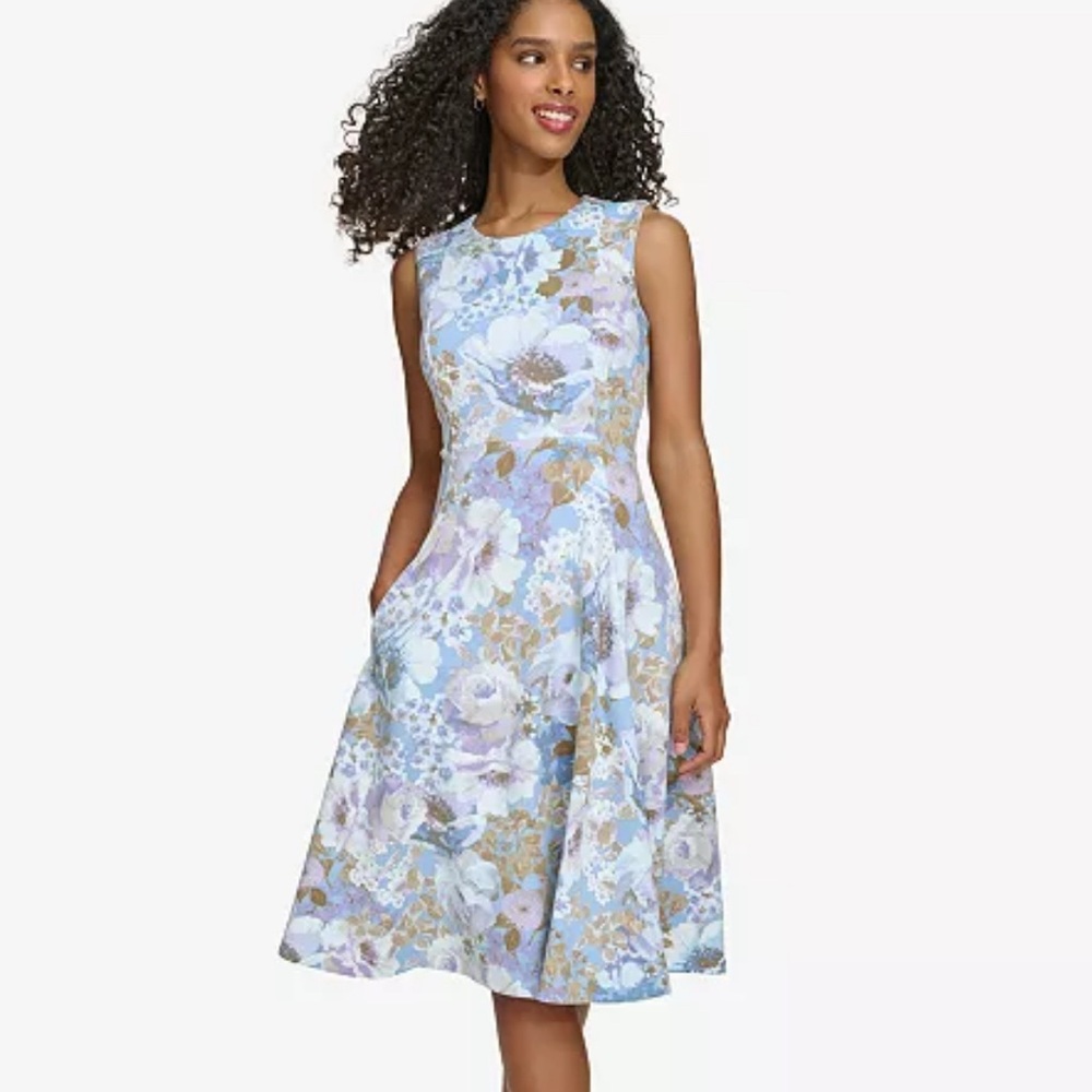Calvin Klein White and Blue Floral Sleeveless Fit and Flare Dress- NEVER WORN